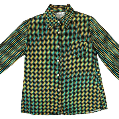 Vintage 90s Green Blue Black Geometric Pattern Fun Blouse 8 10 S