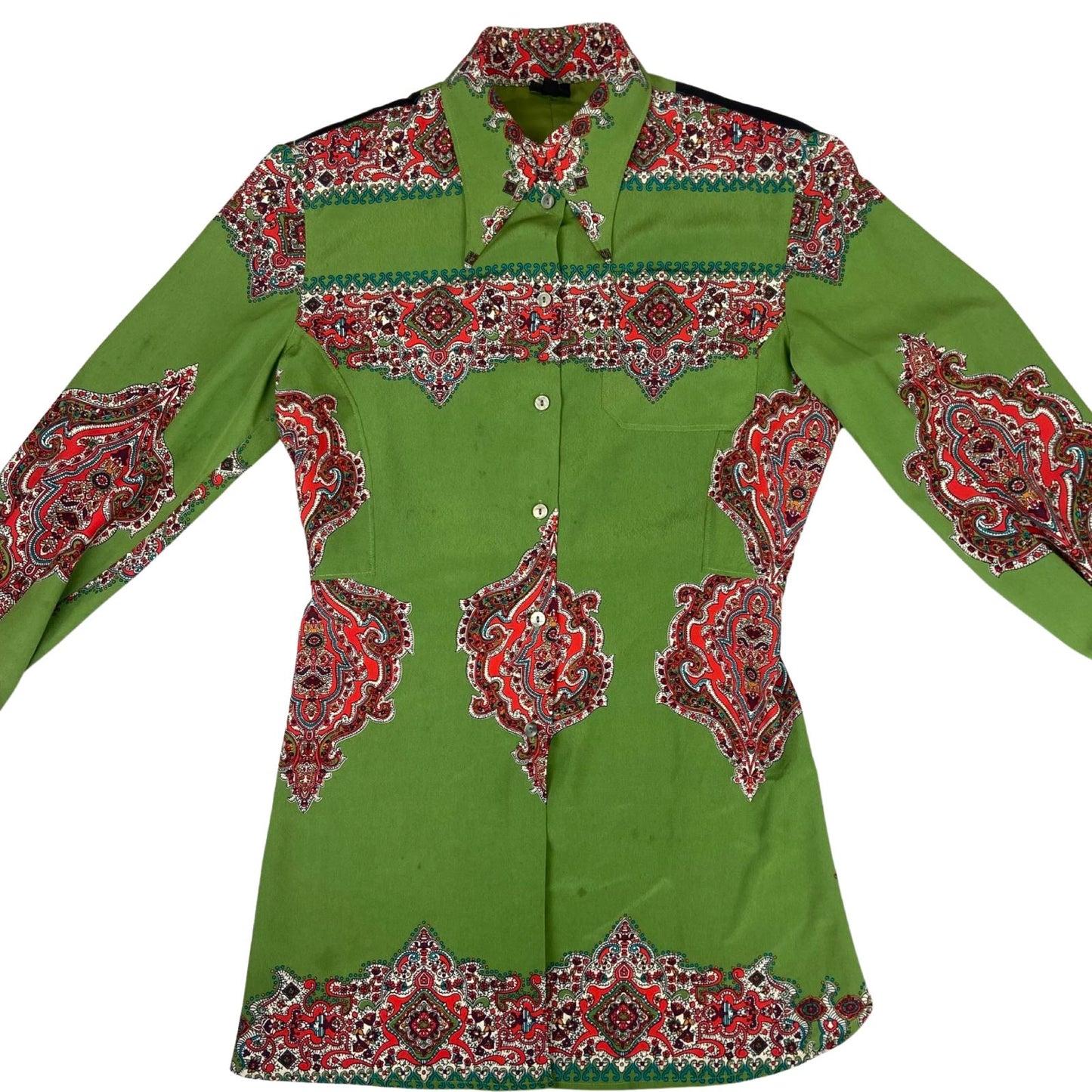 Vintage 90s RARE Green Jean Paul Gaultier Designer Button Up Paisley Blouse S