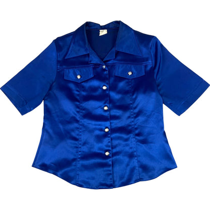 Vintage 90s Blue Short Sleeved Button Up Blouse Shirt Top Silk/Satin Feel M 1214