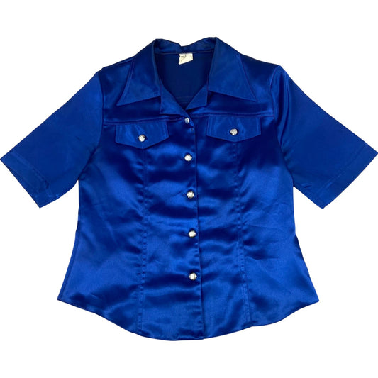 Vintage 90s Blue Short Sleeved Button Up Blouse Shirt Top Silk/Satin Feel M 1214