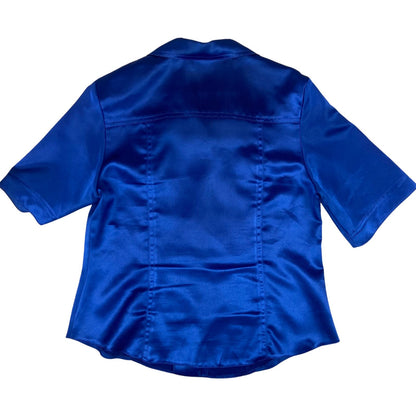 Vintage 90s Blue Short Sleeved Button Up Blouse Shirt Top Silk/Satin Feel M 1214