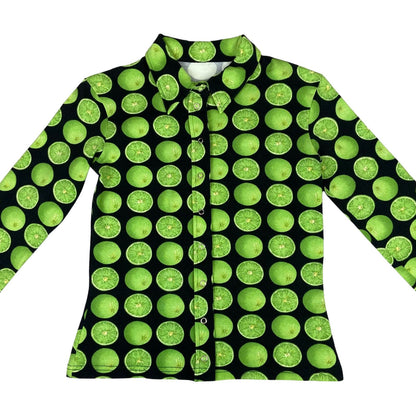 Vintage 90s Green Black Green Graphic Print Lime Snap Button Blouse 8 10 S