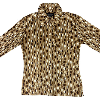 Vintage 90s Brown Lorsay Geometric Tonal Pattern Button Up Blouse Shirt Top S