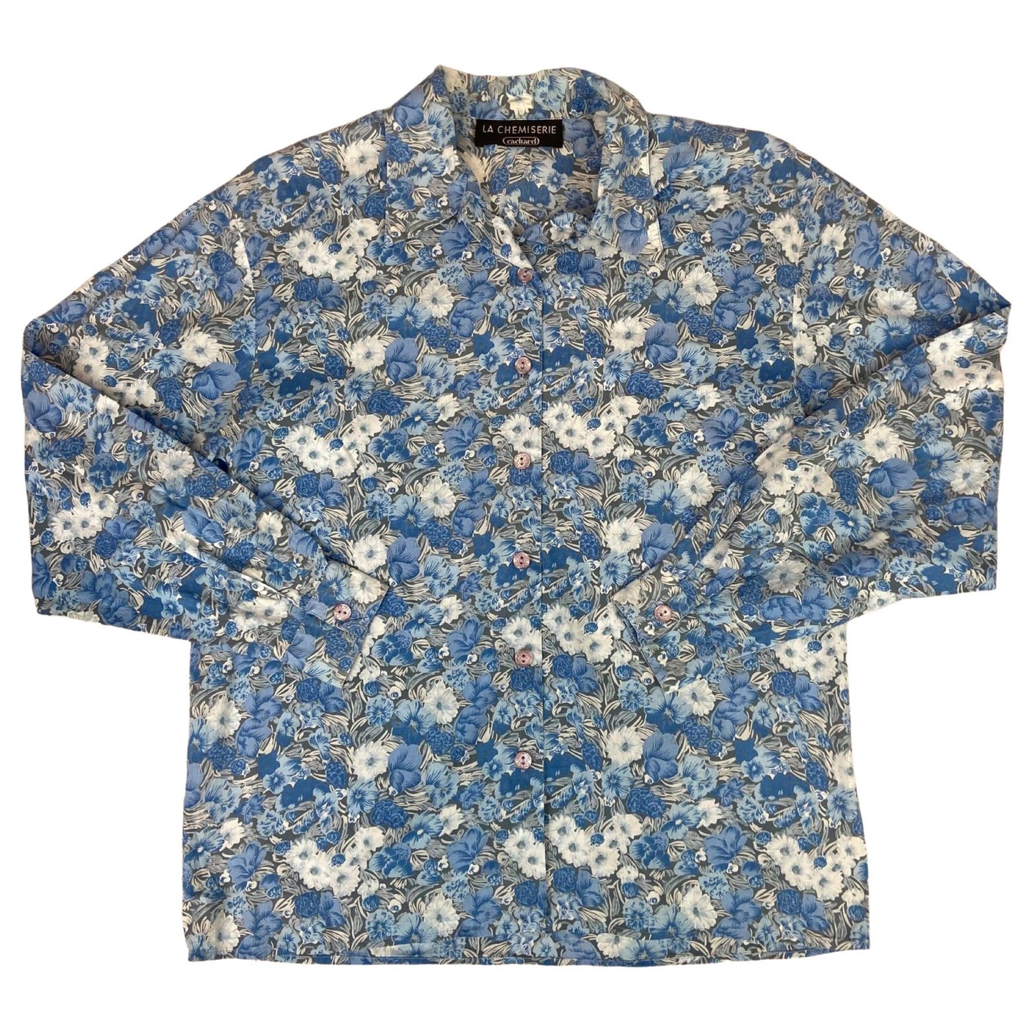Vintage 90s Blue Grey La Chemiserie Cacharel Floral Patterned Button Up Shirt M