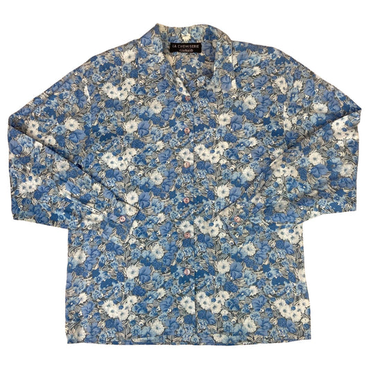 Vintage 90s Blue Grey La Chemiserie Cacharel Floral Patterned Button Up Shirt M