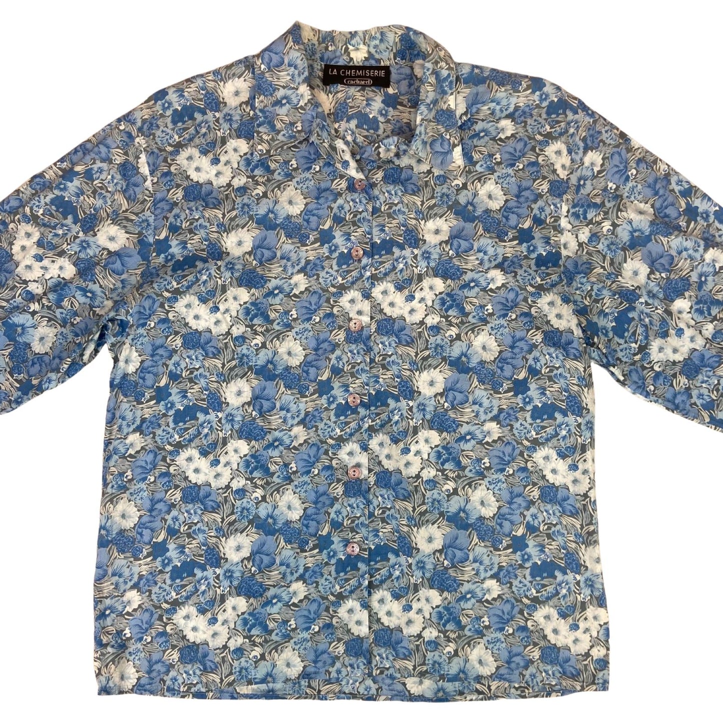 Vintage 90s Blue Grey La Chemiserie Cacharel Floral Patterned Button Up Shirt M