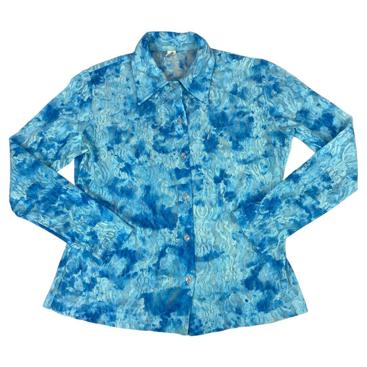 Vintage 90s Blue Tie Dye Lace Mesh Sheer Button Up Blouse Shirt Top L 16