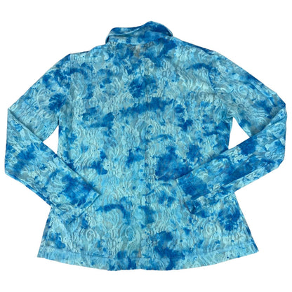 Vintage 90s Blue Tie Dye Lace Mesh Sheer Button Up Blouse Shirt Top L 16