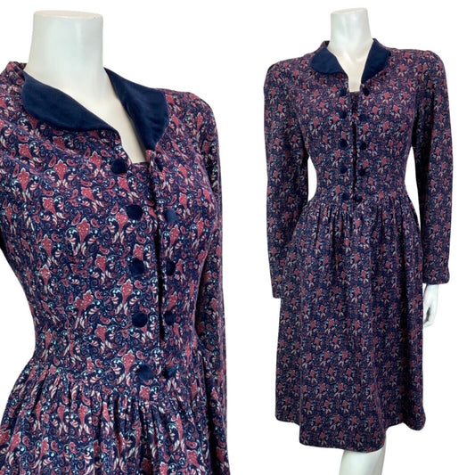 Vintage 70s 80s Navy Laura Ashley Paisley Cord Mid Length Prairie Dress S 8 10