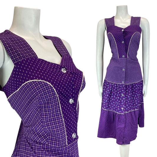 Vintage 90s 70s Style Purple White Prairie Floral Checked Midi Dress 8 10S