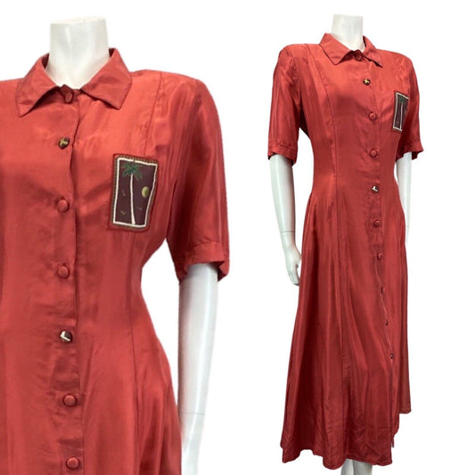 Vintage 80s 90s Red Lily Farouche Short Sleeve Maxi Button Up Silk Shirt Dress L