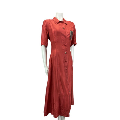 Vintage 80s 90s Red Lily Farouche Short Sleeve Maxi Button Up Silk Shirt Dress L
