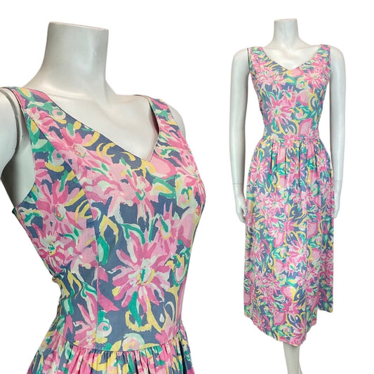Vintage 80s Pink Purple Yellow Laura Ashley Floral Empire Dress 8 10 S