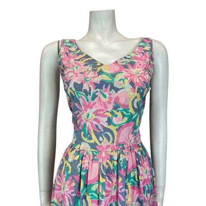 Vintage 80s Pink Purple Yellow Laura Ashley Floral Empire Dress 8 10 S