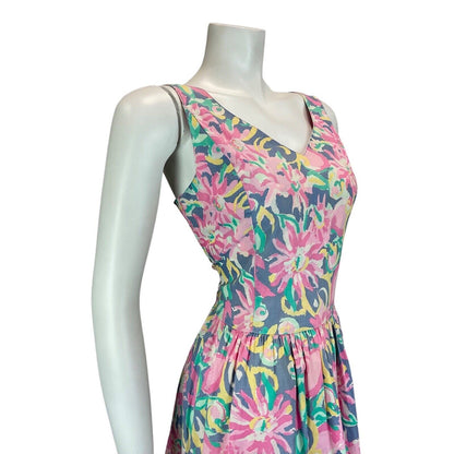 Vintage 80s Pink Purple Yellow Laura Ashley Floral Empire Dress 8 10 S