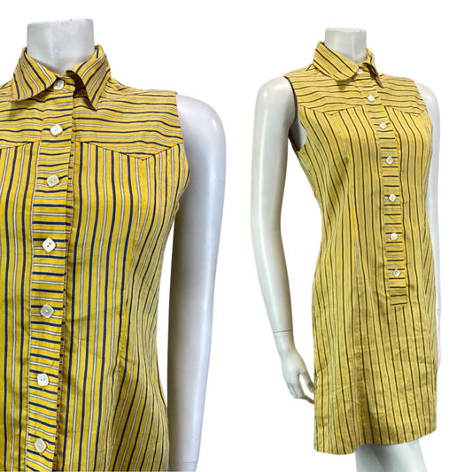Vintage 90s Pringle Yellow Blue Striped Button Summer Shirt Dress 8 10 S