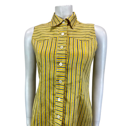 Vintage 90s Pringle Yellow Blue Striped Button Summer Shirt Dress 8 10 S