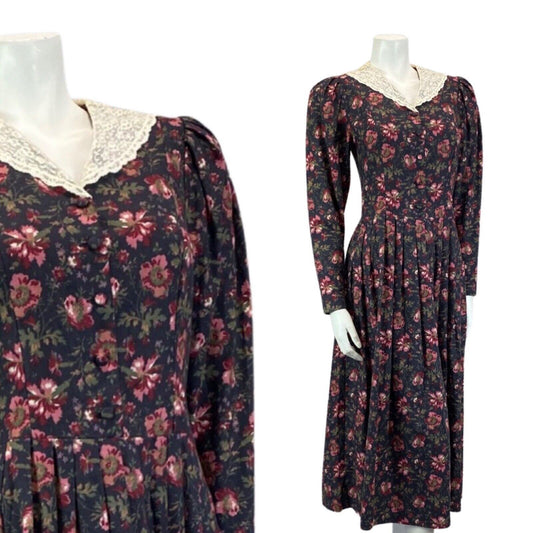 Vintage 80s Laura Ashley Charcoal Pink Floral Lace Trim Long Sleeve Dress 8 10 S