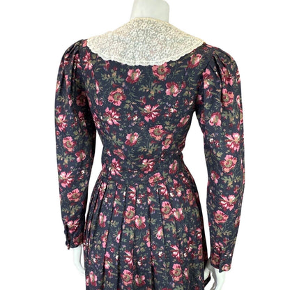 Vintage 80s Laura Ashley Charcoal Pink Floral Lace Trim Long Sleeve Dress 8 10 S