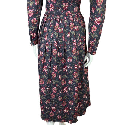 Vintage 80s Laura Ashley Charcoal Pink Floral Lace Trim Long Sleeve Dress 8 10 S