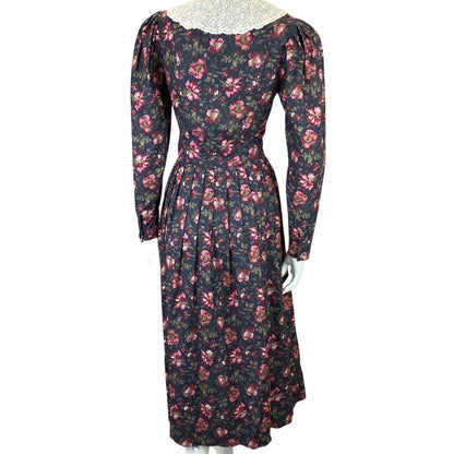 Vintage 80s Laura Ashley Charcoal Pink Floral Lace Trim Long Sleeve Dress 8 10 S