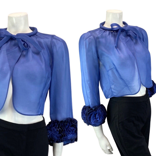 VINTAGE 80S BLUE SHEER FLROAL PARTY DISCO BOLERO STATEMENT SHRUG 8 10 S