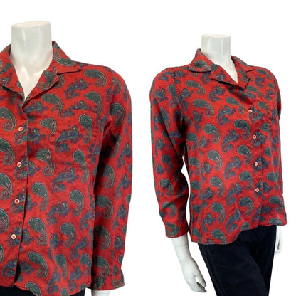 VINTAGE 80S RED BLUE GREEN CACHAREL PAISLEY BOHO 70S BLOUSE SHIRT 12 14 M