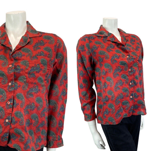 VINTAGE 80S RED BLUE GREEN CACHAREL PAISLEY BOHO 70S BLOUSE SHIRT 12 14 M