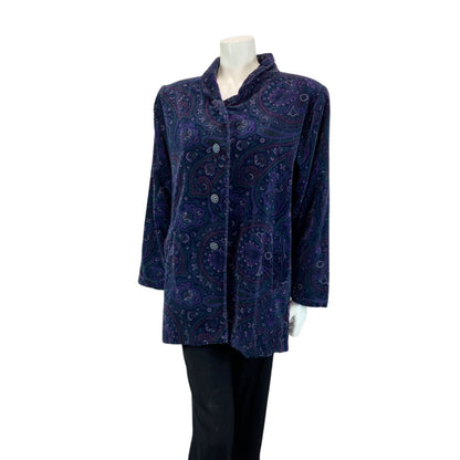 VINTAGE 70S 80S BLUE PURPLE BETTY BARCLAY VELVET PAISLEY PARTY BLOUSE JACKET M