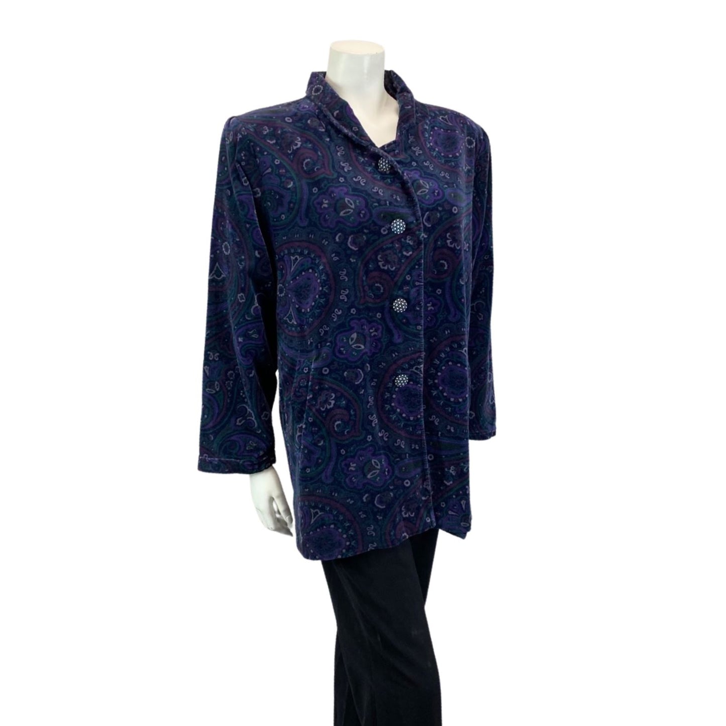 VINTAGE 70S 80S BLUE PURPLE BETTY BARCLAY VELVET PAISLEY PARTY BLOUSE JACKET M
