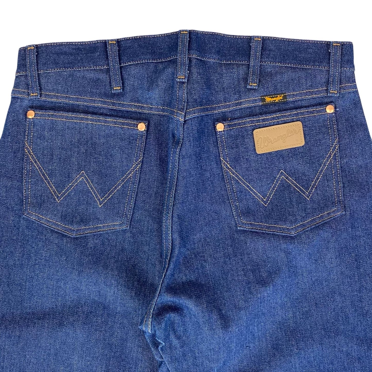 VTG 70s DEADSTOCK WRANGLER STRAIGHT LEG STIFF INDIGO JEANS  BROKEN TWILL 34W 32L