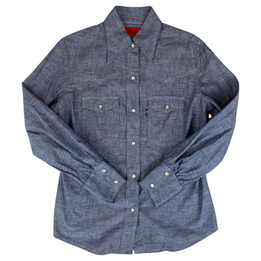 VTG 1970S BIG E MISS LEVIS BLACK/GOLD TAB DENIM CHAMBRAY WESTERN SHIRT 38” 12