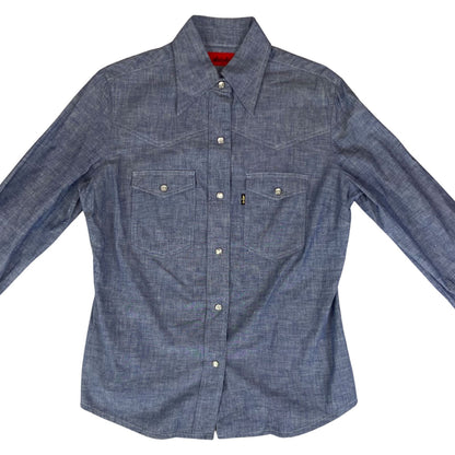VTG 1970S BIG E MISS LEVIS BLACK/GOLD TAB DENIM CHAMBRAY WESTERN SHIRT 38” 12