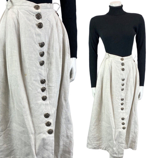 Vintage 90s Beige Blue Linen Floral German Boho Folk Circle Swing Skirt 16 L