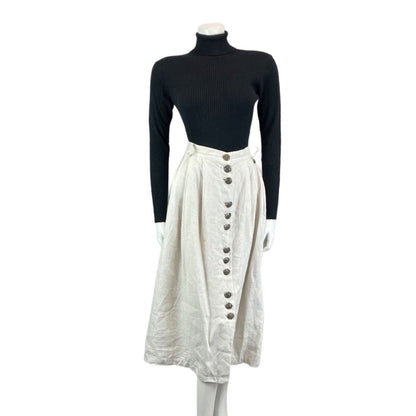 Vintage 90s Beige Blue Linen Floral German Boho Folk Circle Swing Skirt 16 L