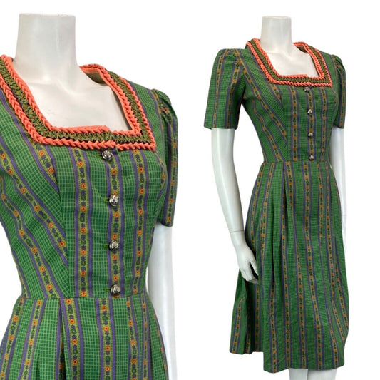 Vintage 80s Green Pink Floral Checked Square Neck Prairie Midi Dress 8 10 S