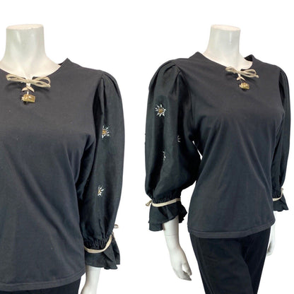 VINTAGE 80S 90S BLACK FLORAL BOHO EMBROIDERED PRARIE SUMMER FOLK BLOUSE 8 10 S