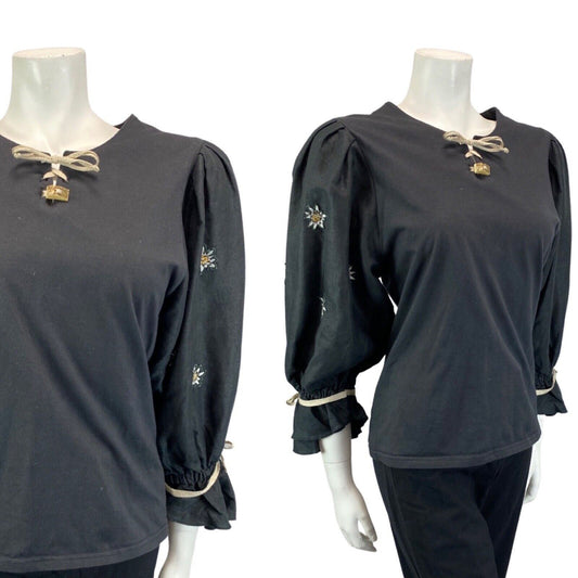 VINTAGE 80S 90S BLACK FLORAL BOHO EMBROIDERED PRARIE SUMMER FOLK BLOUSE 8 10 S