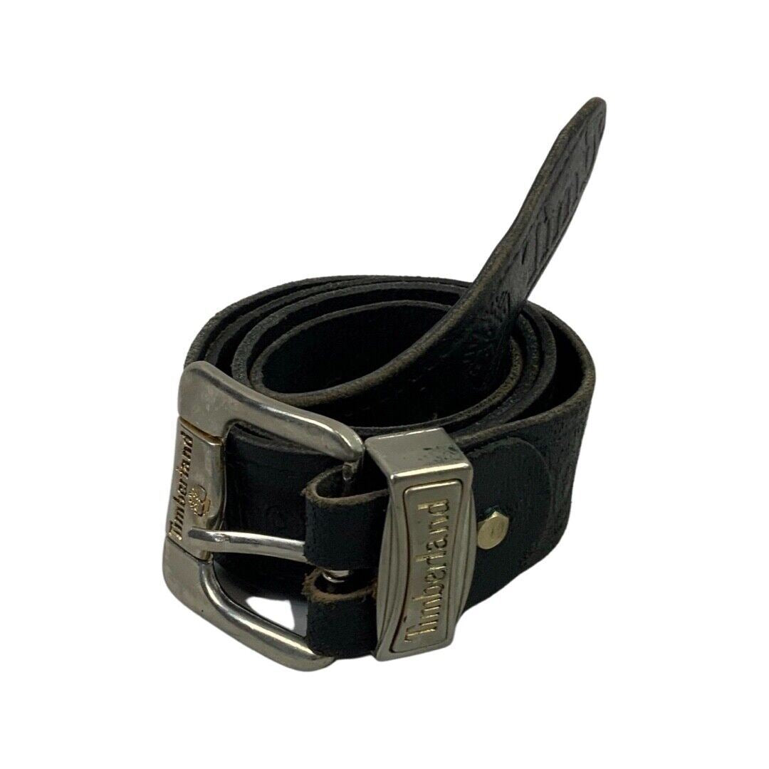 Vintage 90s 00s Black Leather Timberland Embossed Logo Spell-Out Chunky Belt M