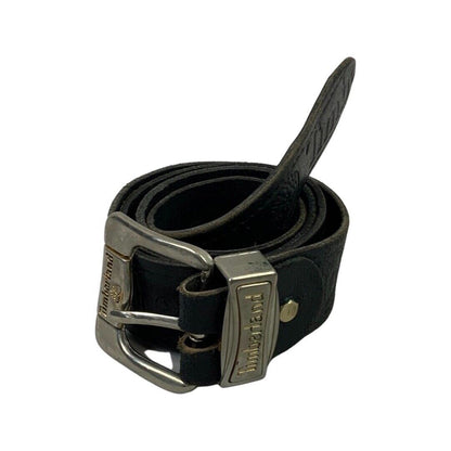 Vintage 90s 00s Black Leather Timberland Embossed Logo Spell-Out Chunky Belt M