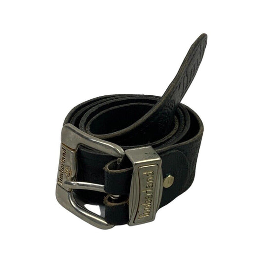 Vintage 90s 00s Black Leather Timberland Embossed Logo Spell-Out Chunky Belt M