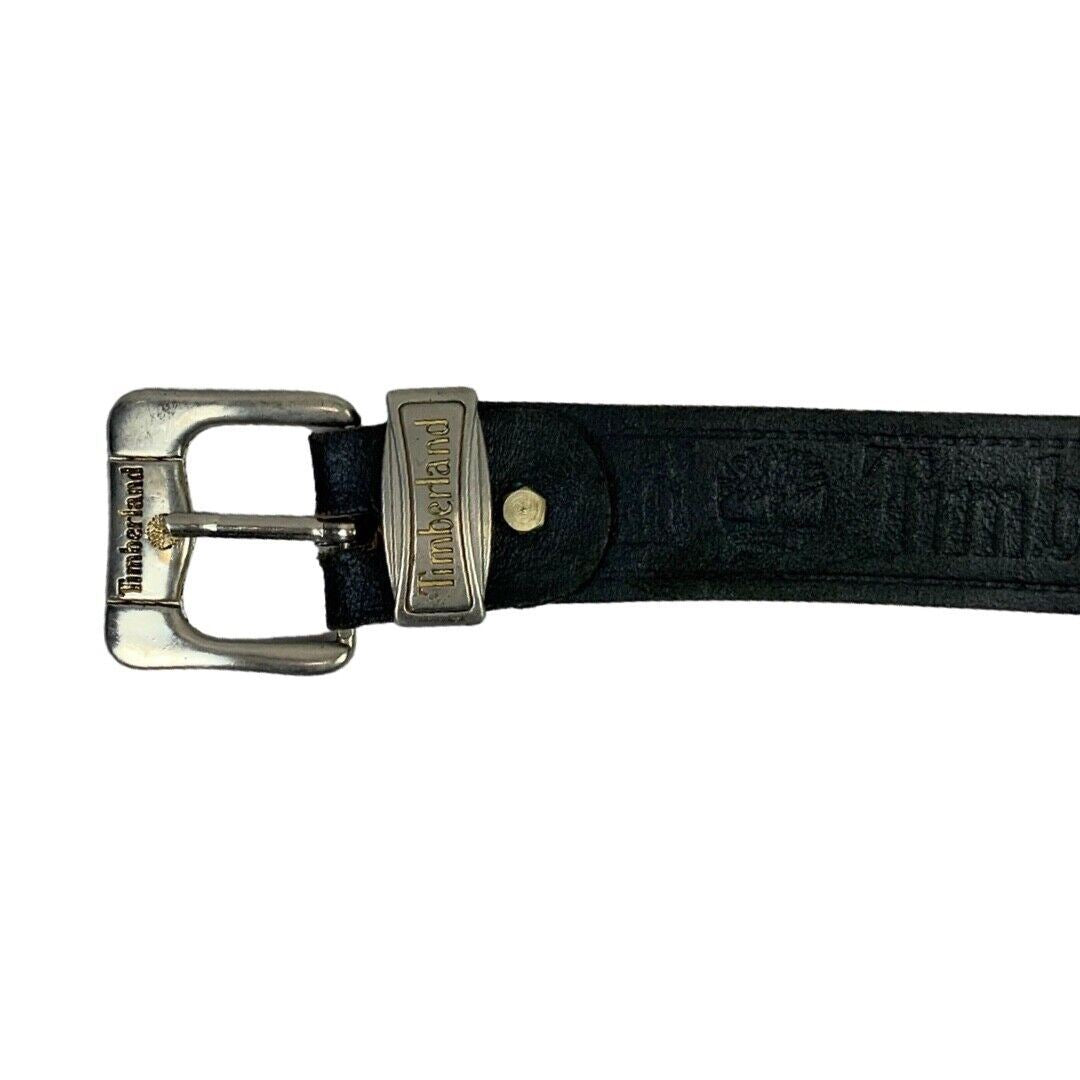 Vintage 90s 00s Black Leather Timberland Embossed Logo Spell-Out Chunky Belt M