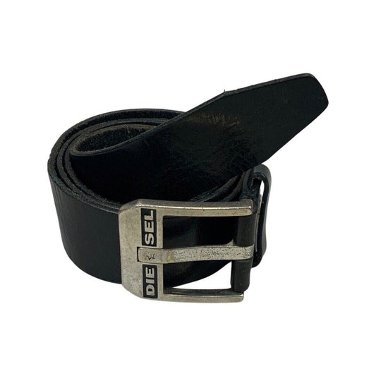 Vintage 90s 00s Black Leather Diesel Star Engraved Buckle Chunky Belt L