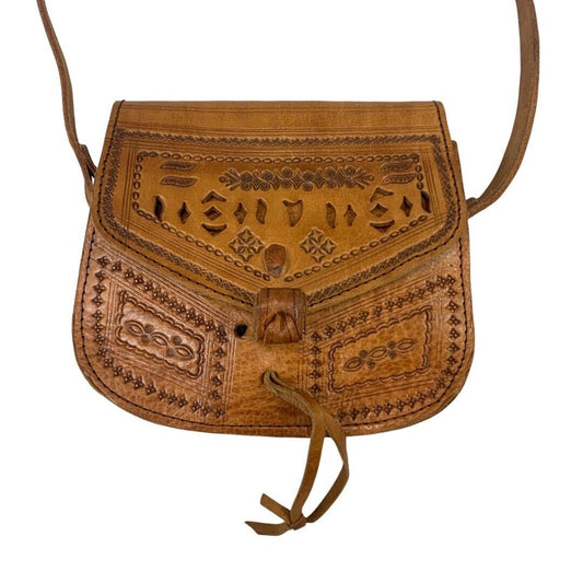 VINTAGE 60s 70s BROWN TOOLED LEATHER BOHO FLORAL VINE LEAFY MINI SHOULDER BAG
