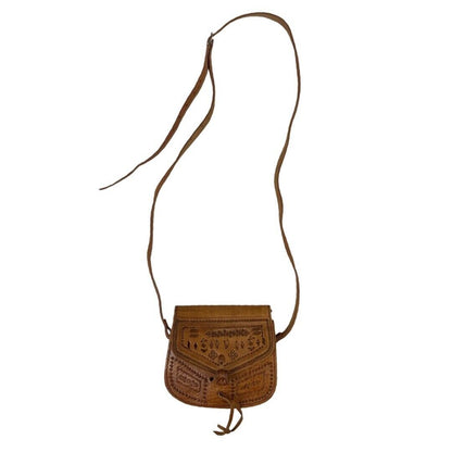 VINTAGE 60s 70s BROWN TOOLED LEATHER BOHO FLORAL VINE LEAFY MINI SHOULDER BAG