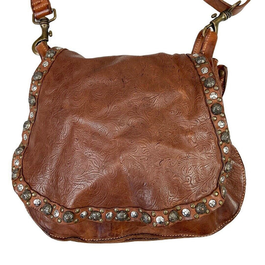 Vintage 80s Brown Campomaggi Embossed Embellished Cross Body Satchel Bag