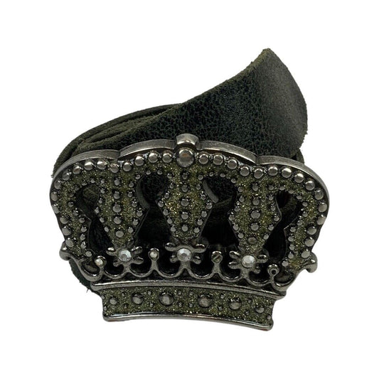 Vintage Y2K Black Soft Leather Crown Buckle Glazed Embellished Novelty Belt S/M
