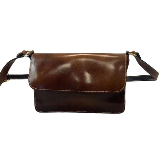 Vintage 80s 90s Brown Shiny Leather Mini Cross Body Bag
