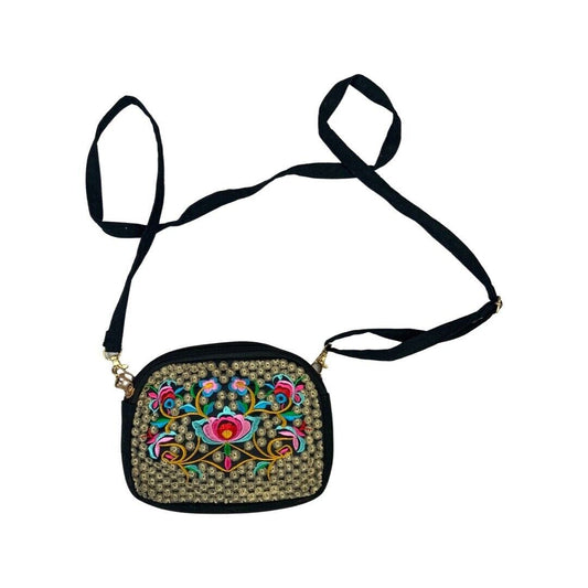 Vintage 90s 00s Black Floral Embroidered Cross Body Bag