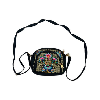 Vintage 90s 00s Black Floral Embroidered Cross Body Bag